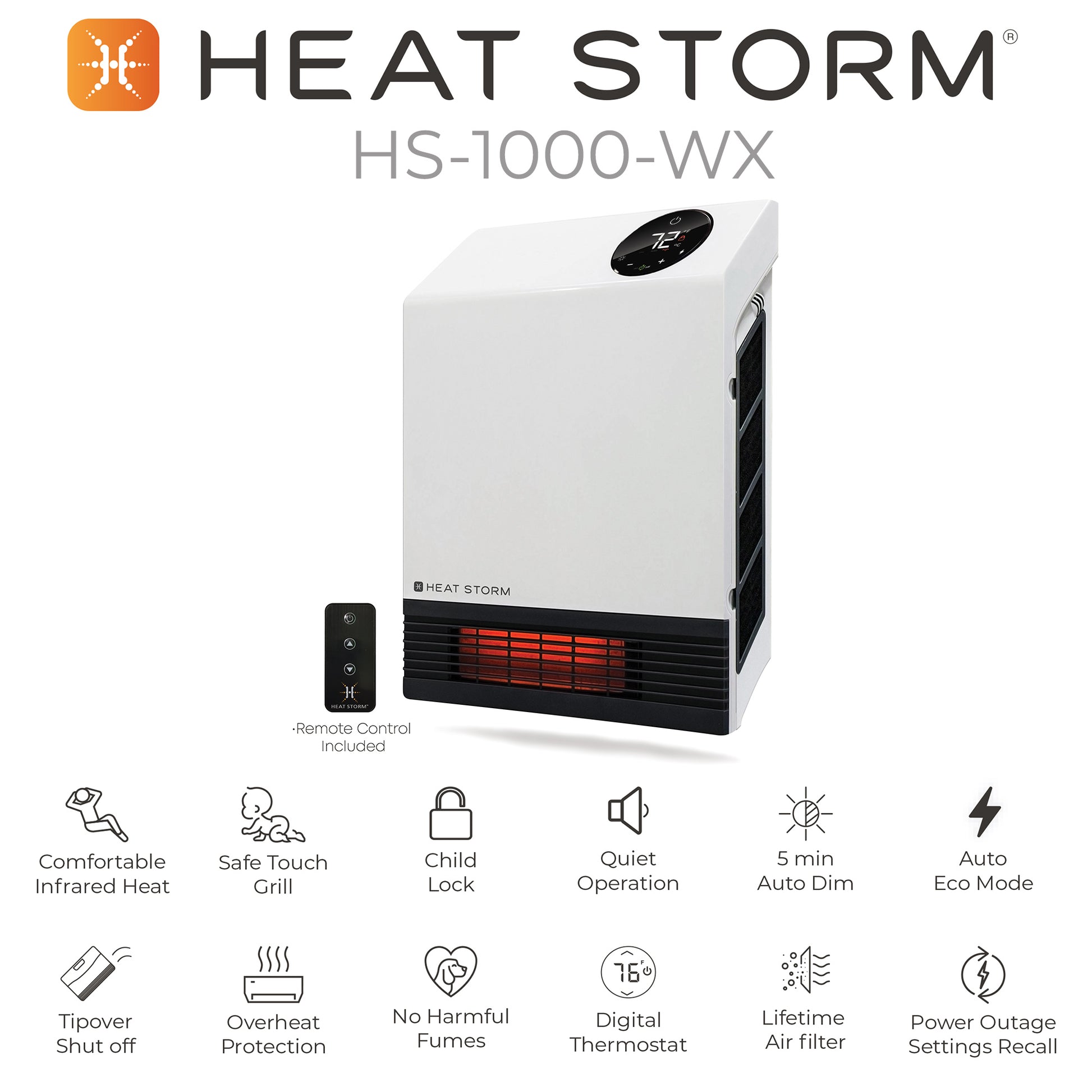 Infographic for heat storm infrared 1000 watt heater. Comfortable infrared heat, safe touch grill, child lock, quiet operation, 5 min auto dim, auto eco mode, tipover shut off, overheat protection, no harmful fumes, digital thermostat, lifetime air filter, power outage, settings recall