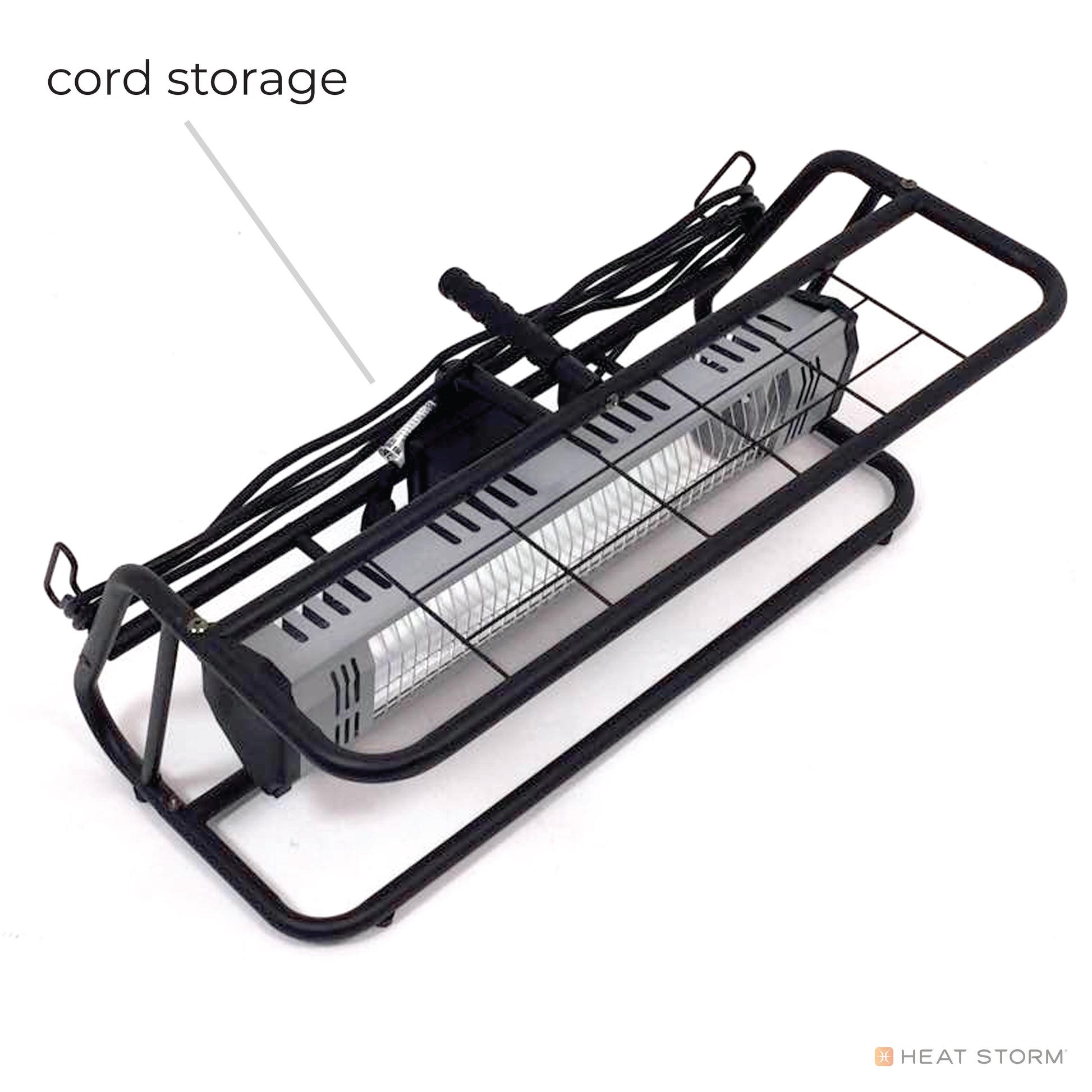 1500 Watt infrared space heater for tradesmen, outdoor, or patio. Cord storage diagram