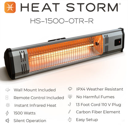 Tradesman 1,500-Watt Electric Outdoor Infrared Quartz Portable Space Heater with Wall/Ceiling Mount and Remote infographics. Wall mount included, remote control included, instant infrared heat, 1500 watts, silent operation, IPX4 weather resistant, no harmful fumes, 8 ft cord 110 V plug, carbon fiber element, easy setup