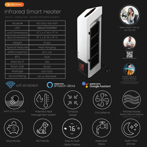 1000 watt smart infrared space heater. Space heater with smart WIFI capabilities. Cn connect with Google Assistant and Amazon Alexa.
